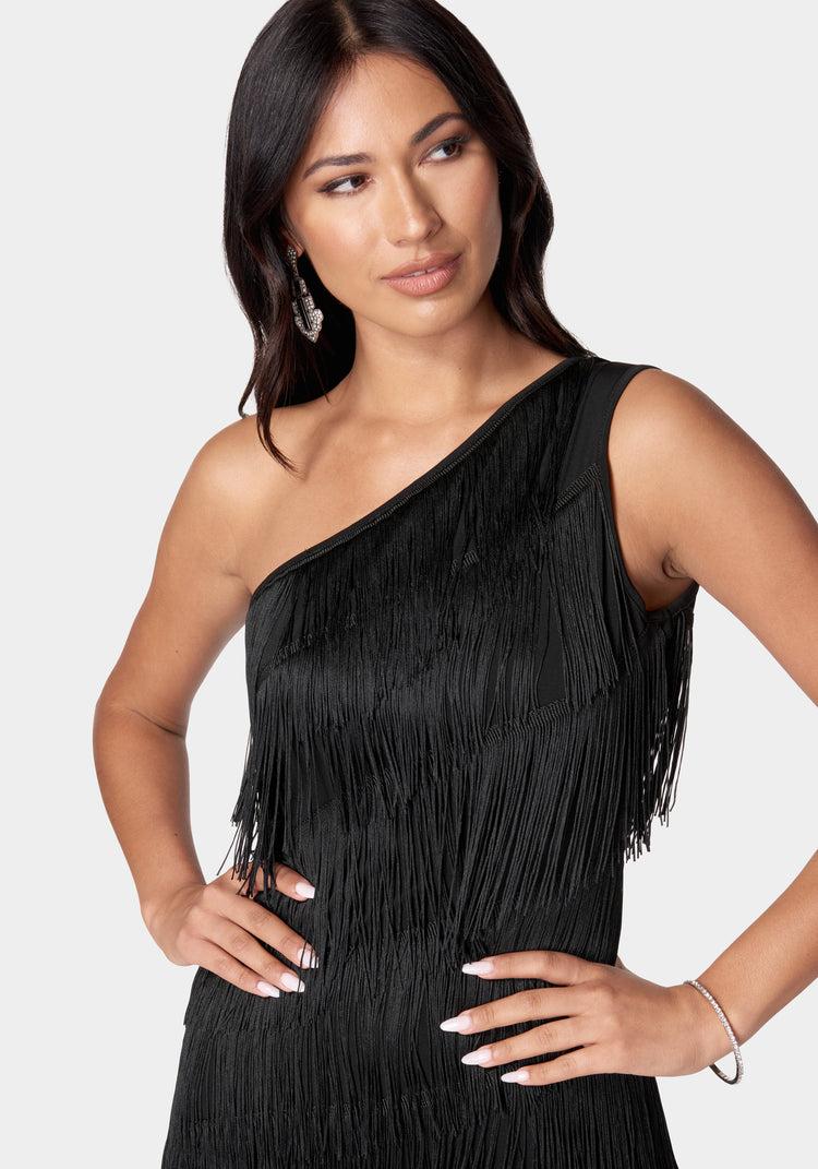 Bebe Asymmetrical Tiered Fringe Dress