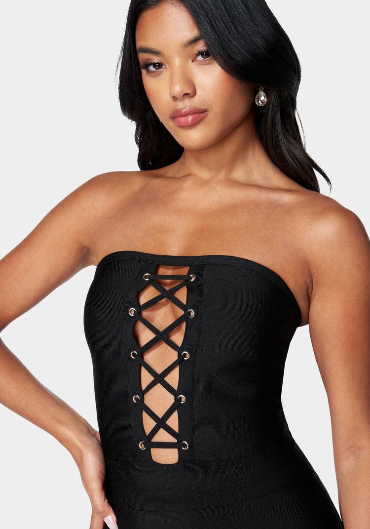 Bebe Bandage Lace-Up Strapless Dress