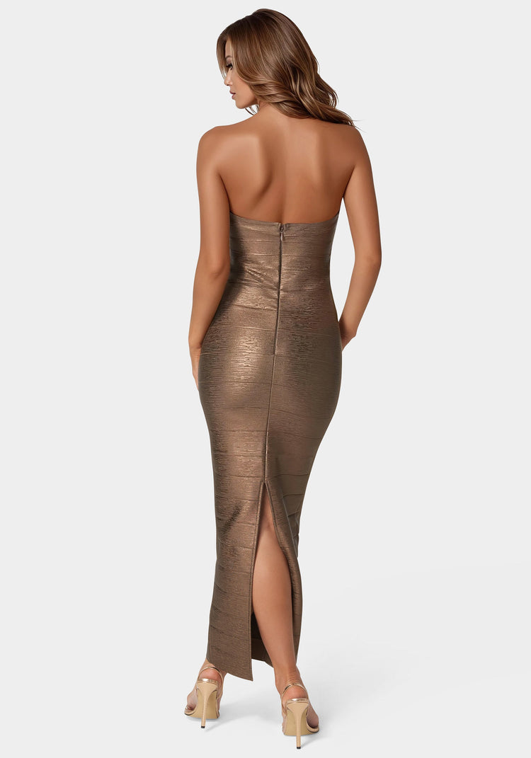 Bebe Bandage Strapless Foil Maxi Dress
