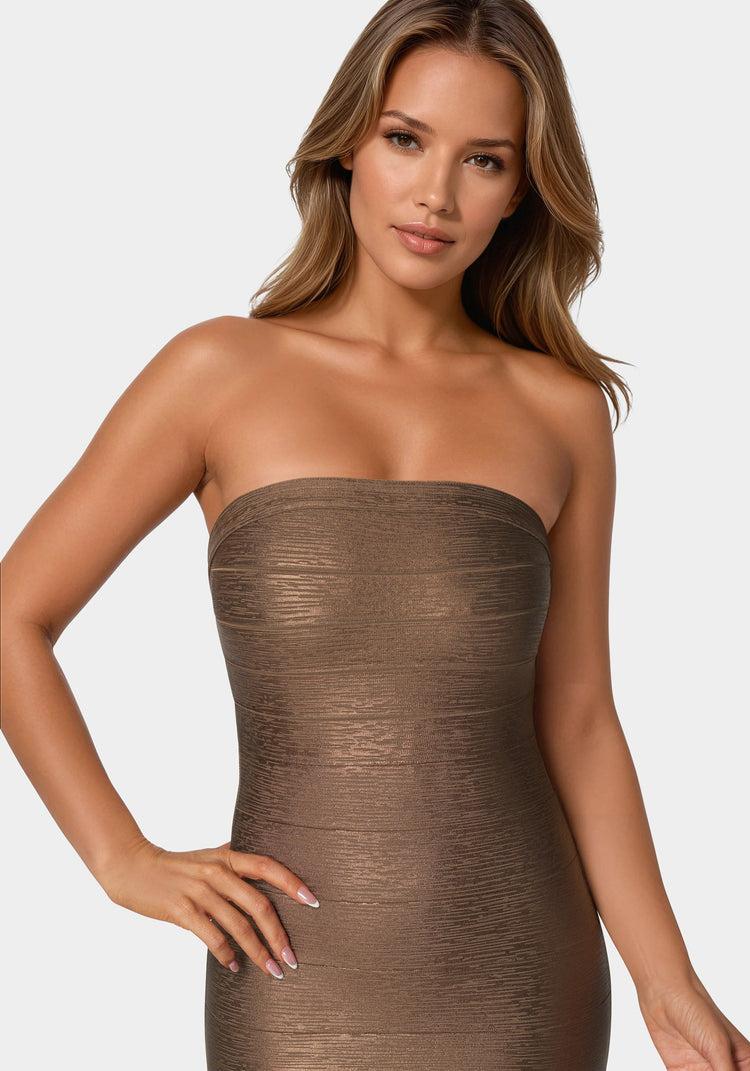 Bebe Bandage Strapless Foil Maxi Dress