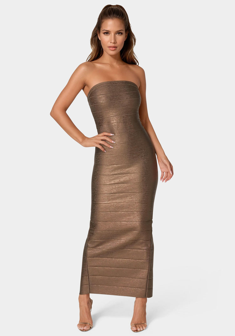 bebe Bandage Strapless Foil Maxi Dress