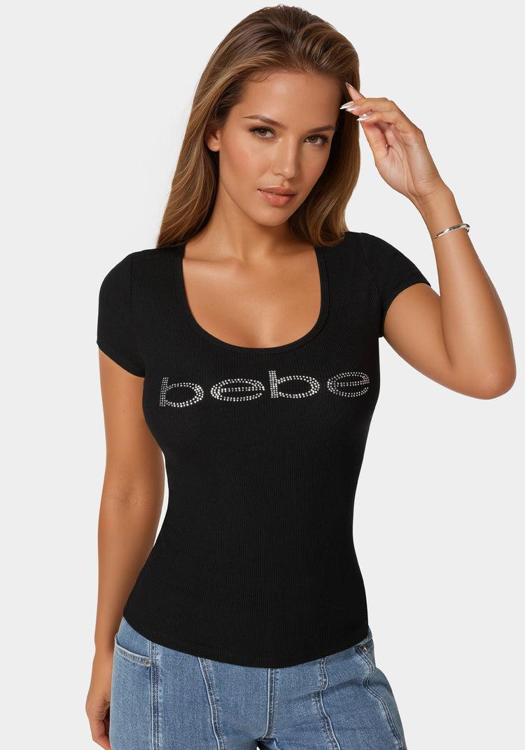 Bebe Bebe Logo Short Sleeve Round Neck Rib Top