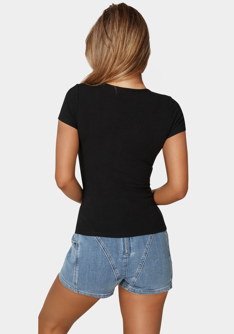 Bebe Bebe Logo Short Sleeve Round Neck Rib Top