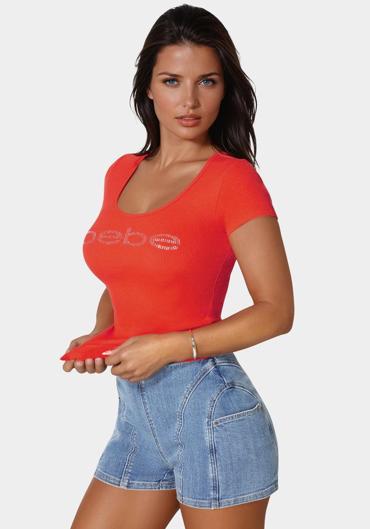 Bebe Bebe Logo Short Sleeve Round Neck Rib Top