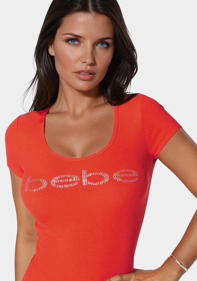 Bebe Bebe Logo Short Sleeve Round Neck Rib Top