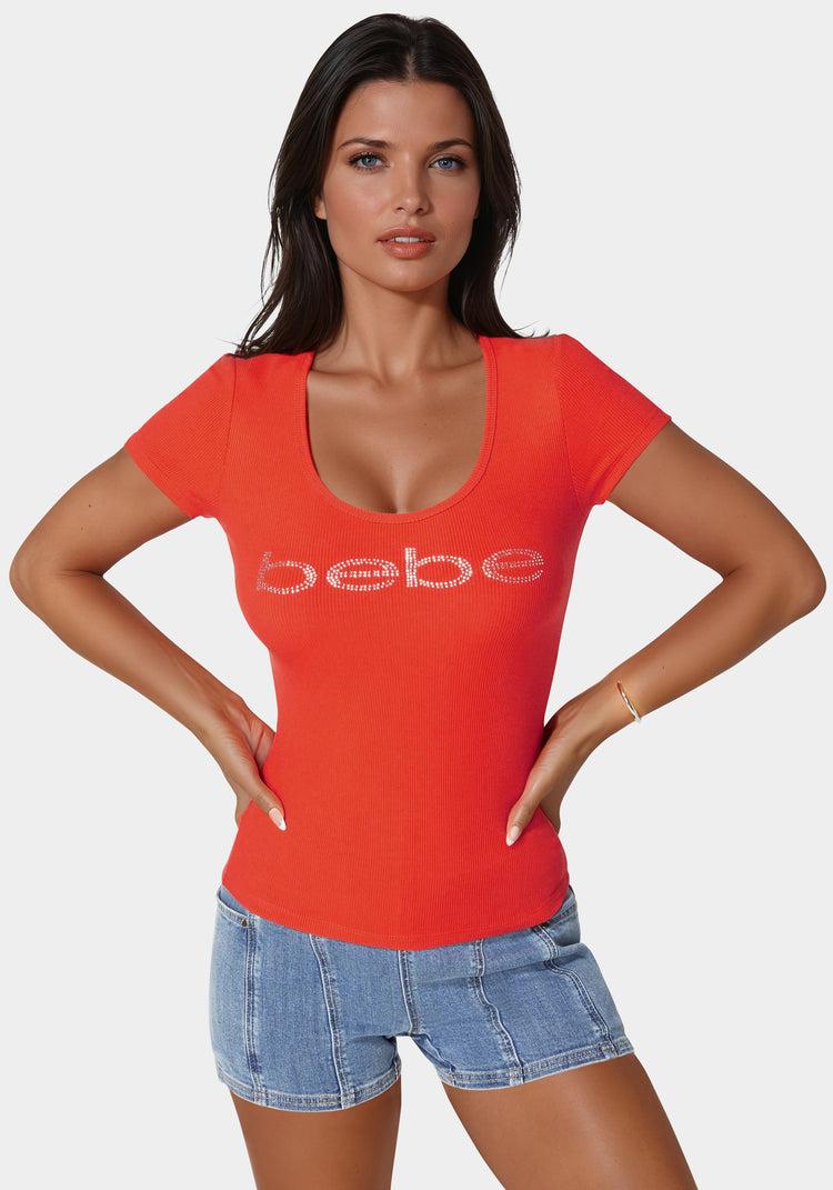 bebe Bebe Logo Short Sleeve Round Neck Rib Top