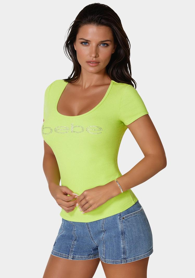 Bebe Bebe Logo Short Sleeve Round Neck Rib Top
