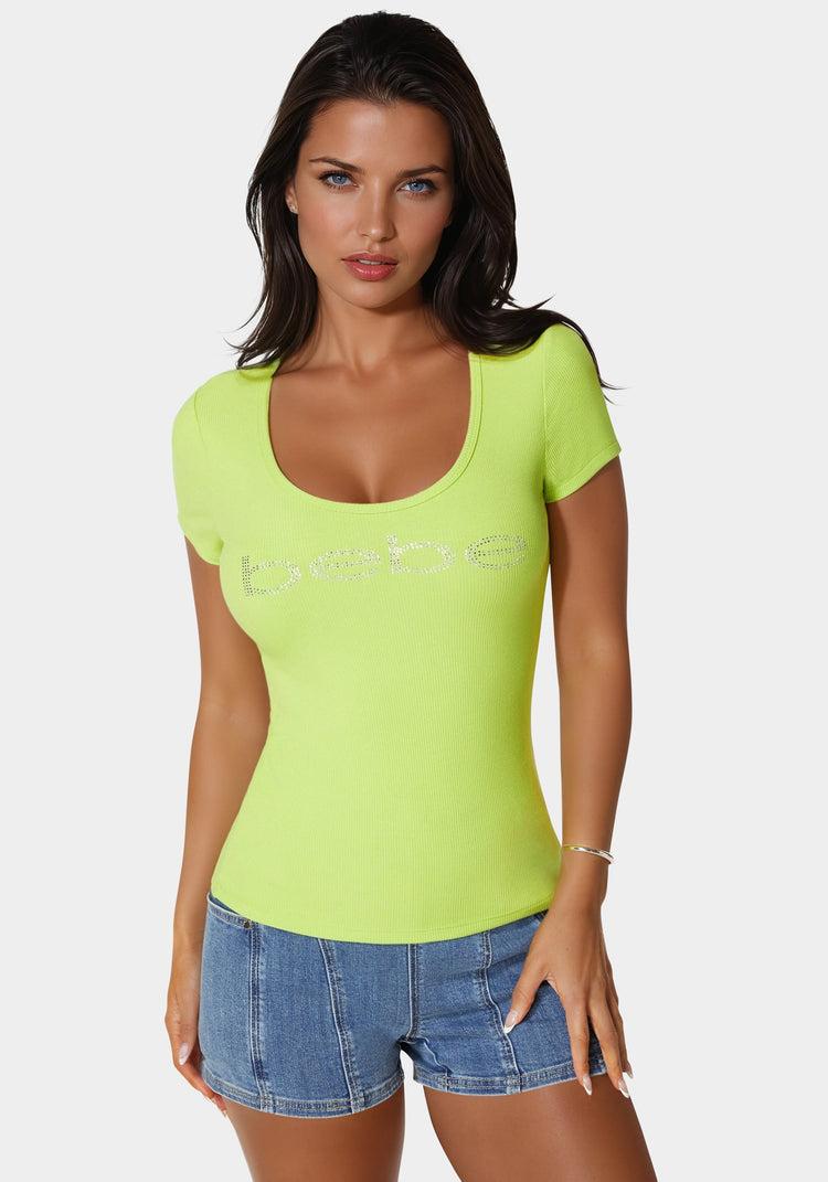 bebe Bebe Logo Short Sleeve Round Neck Rib Top