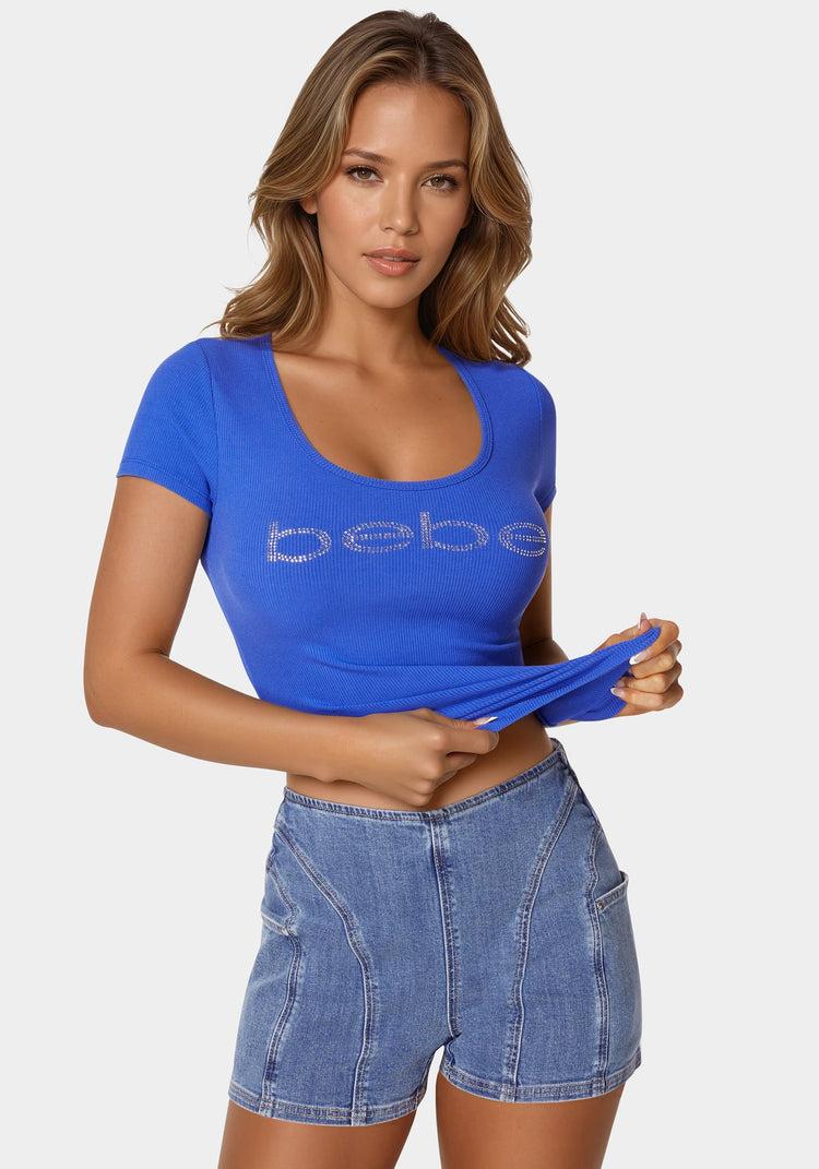 bebe Bebe Logo Short Sleeve Round Neck Rib Top
