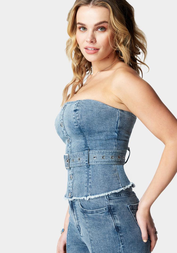 Bebe Belted Button Front Denim Bustier