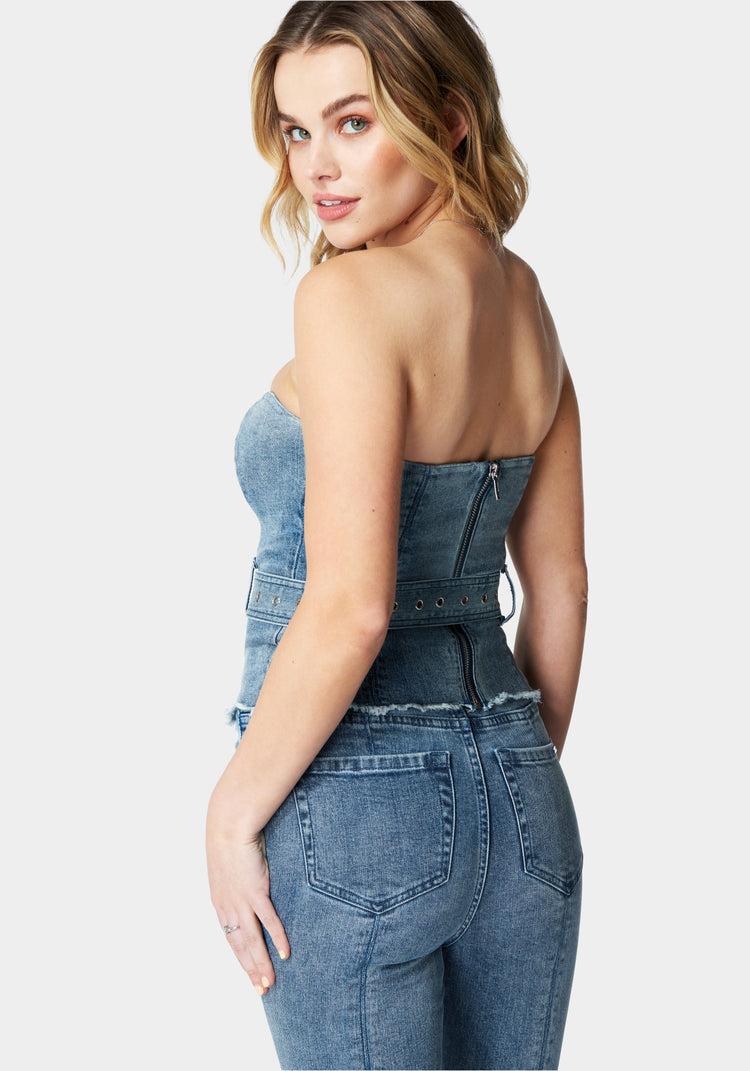 Bebe Belted Button Front Denim Bustier