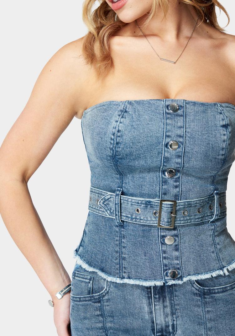 Bebe Belted Button Front Denim Bustier