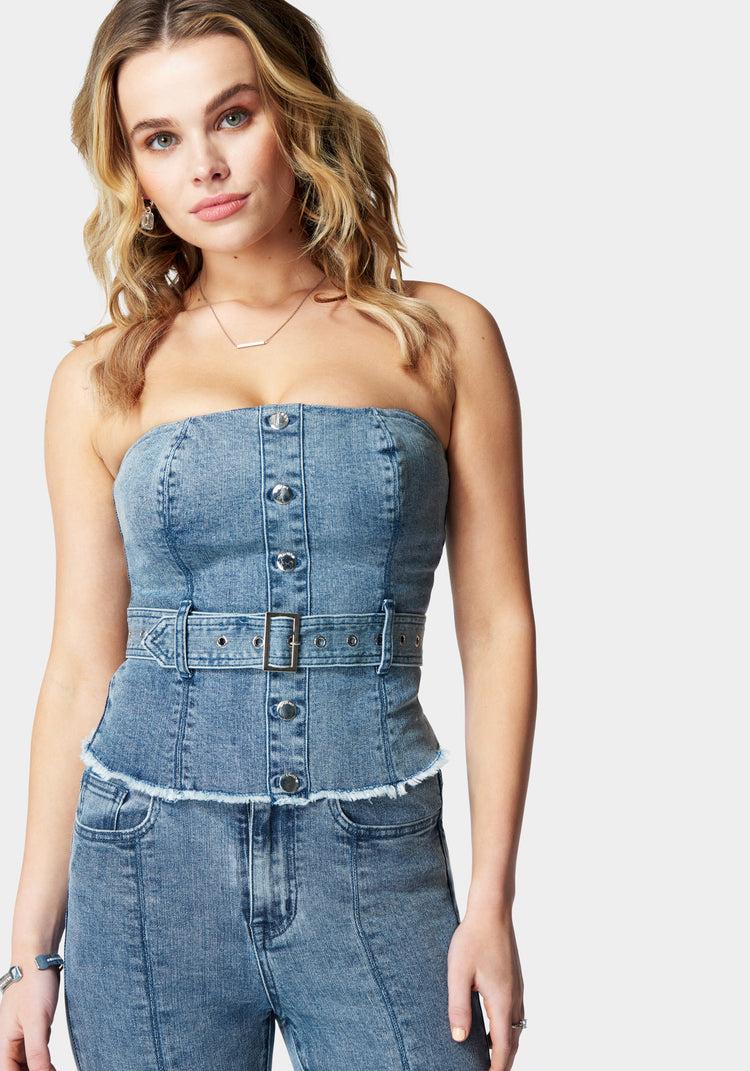 bebe Belted Button Front Denim Bustier
