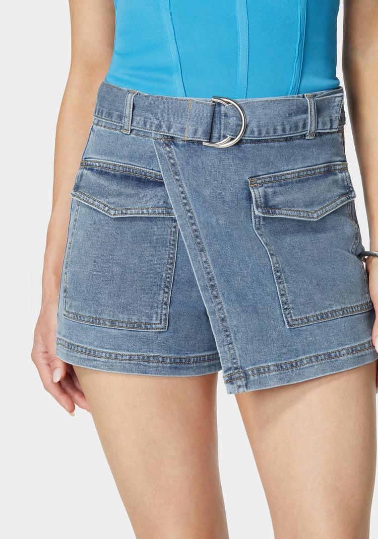Bebe Belted Patch Pocket Mini Denim Skort