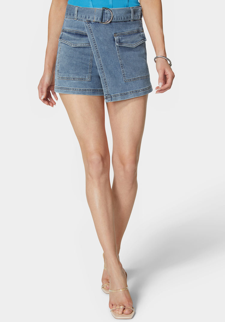 bebe Belted Patch Pocket Mini Denim Skort