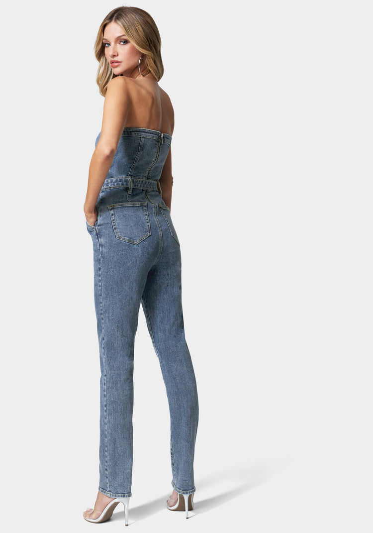 Bebe Belted Sweetheart Denim Jumpsuit