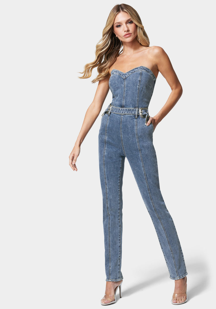 Bebe Belted Sweetheart Denim Jumpsuit