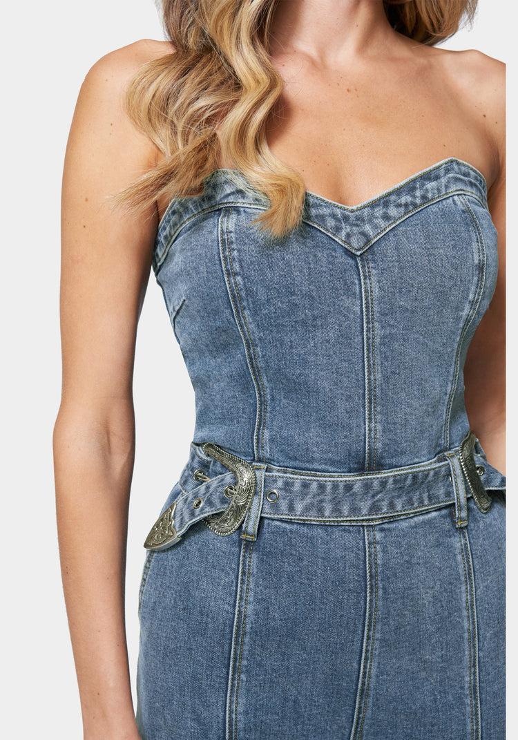 Bebe Belted Sweetheart Denim Jumpsuit