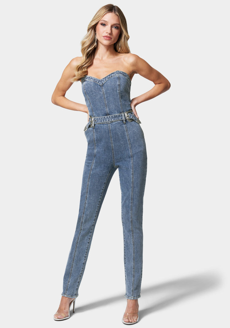 bebe Belted Sweetheart Denim Jumpsuit