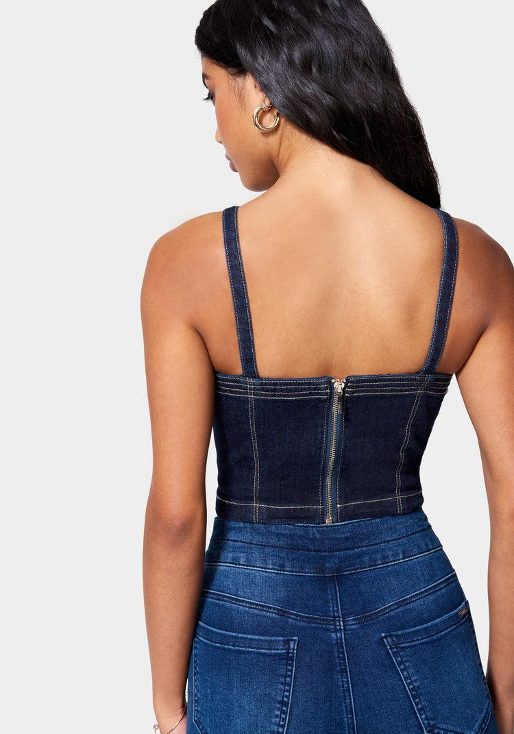 Bebe Buckle Strap Denim Bustier
