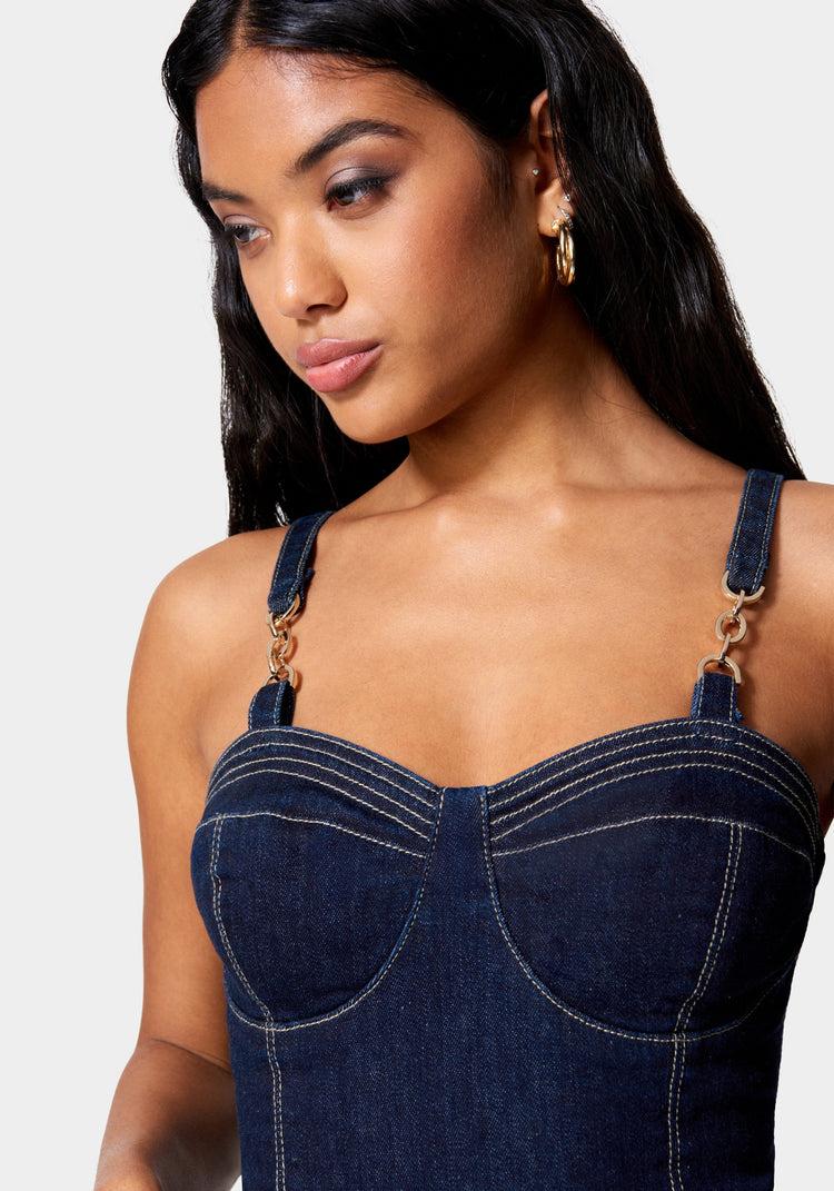 Bebe Buckle Strap Denim Bustier