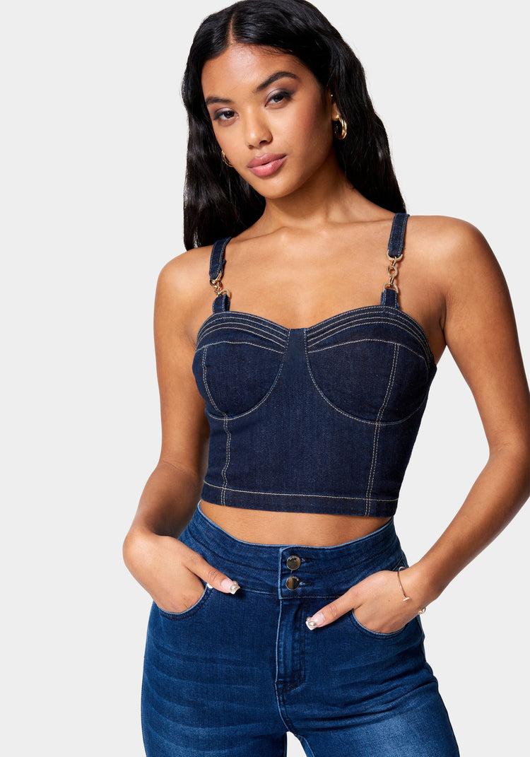 bebe Buckle Strap Denim Bustier