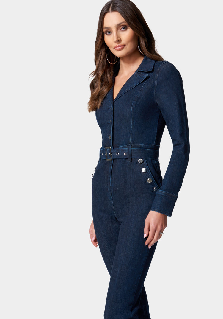 Bebe Button Detail Skinny Denim Jumpsuit