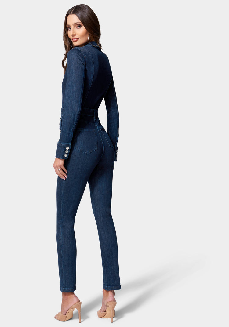 Bebe Button Detail Skinny Denim Jumpsuit
