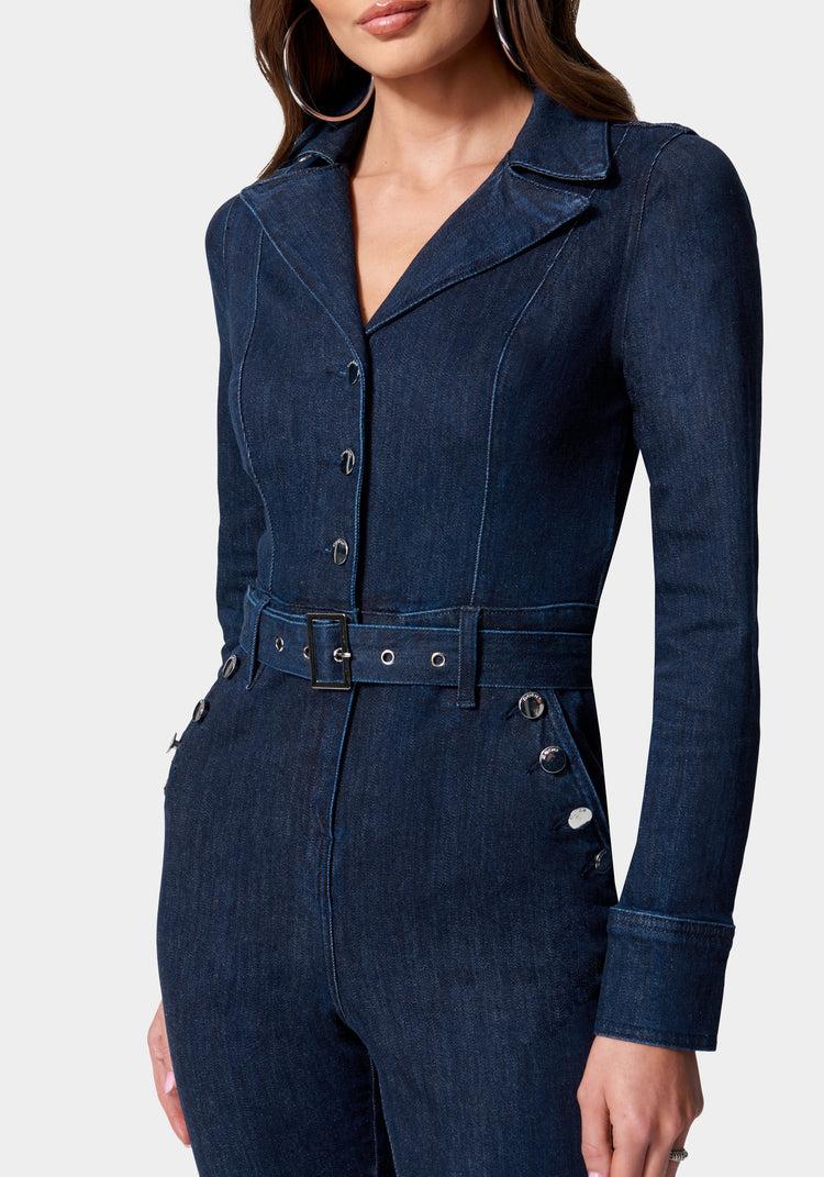 Bebe Button Detail Skinny Denim Jumpsuit