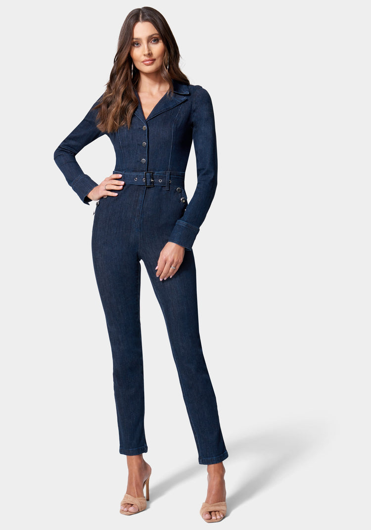 bebe Button Detail Skinny Denim Jumpsuit