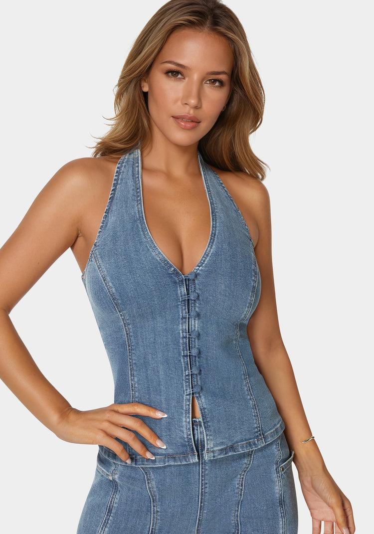 Bebe Button Down Halter Denim Top