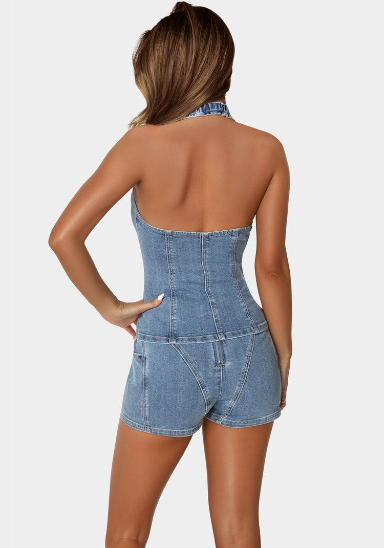 Bebe Button Down Halter Denim Top