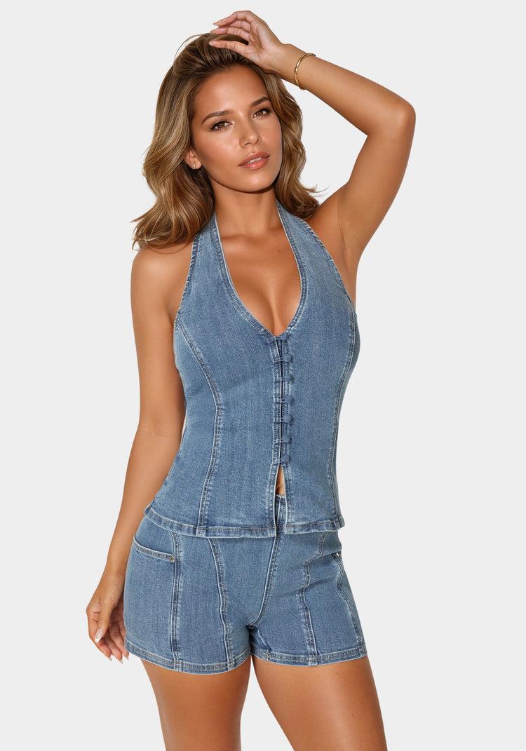 bebe Button Down Halter Denim Top