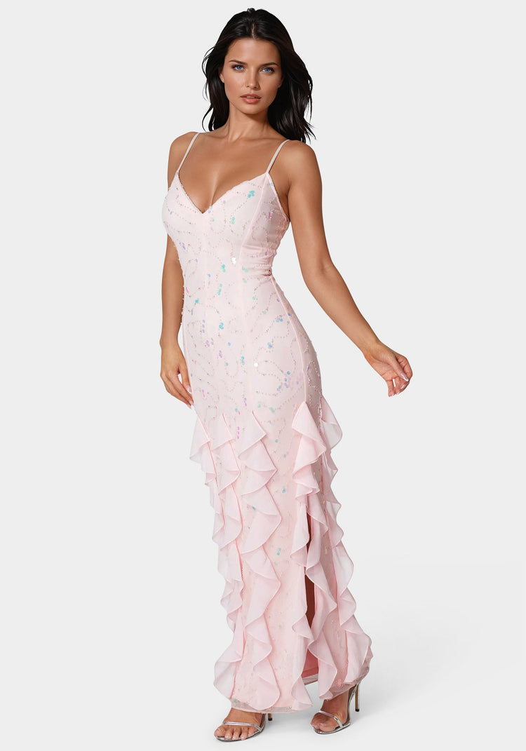 Bebe Cascade Beaded Mesh Gown