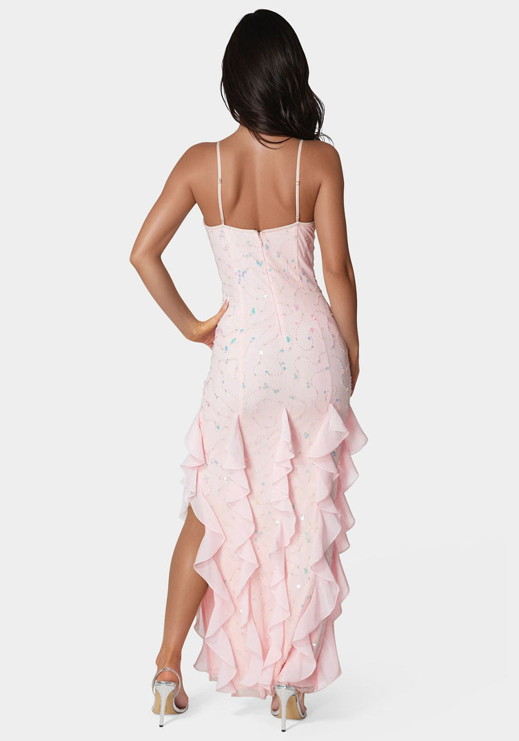 Bebe Cascade Beaded Mesh Gown