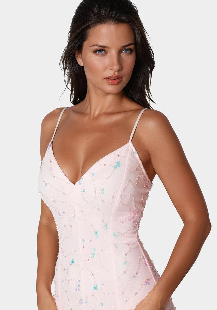 Bebe Cascade Beaded Mesh Gown