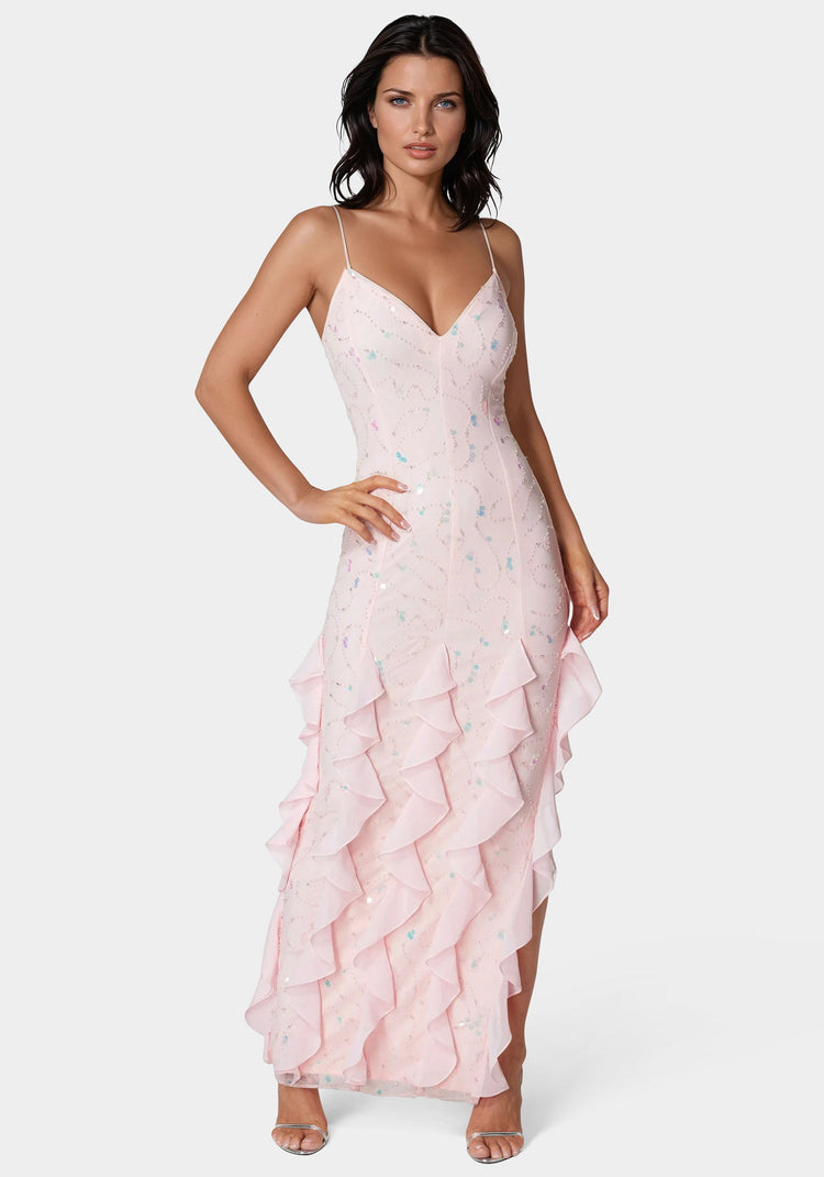bebe Cascade Beaded Mesh Gown