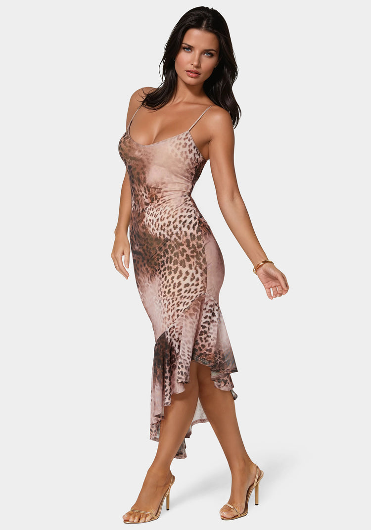 Bebe Cascade High Low Mesh Dress