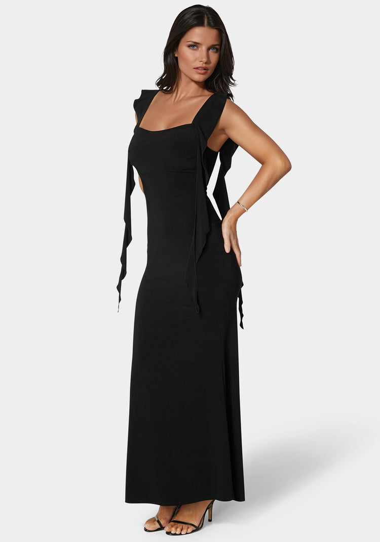 Bebe Cascade Ruffle Knit Slip Maxi Dress