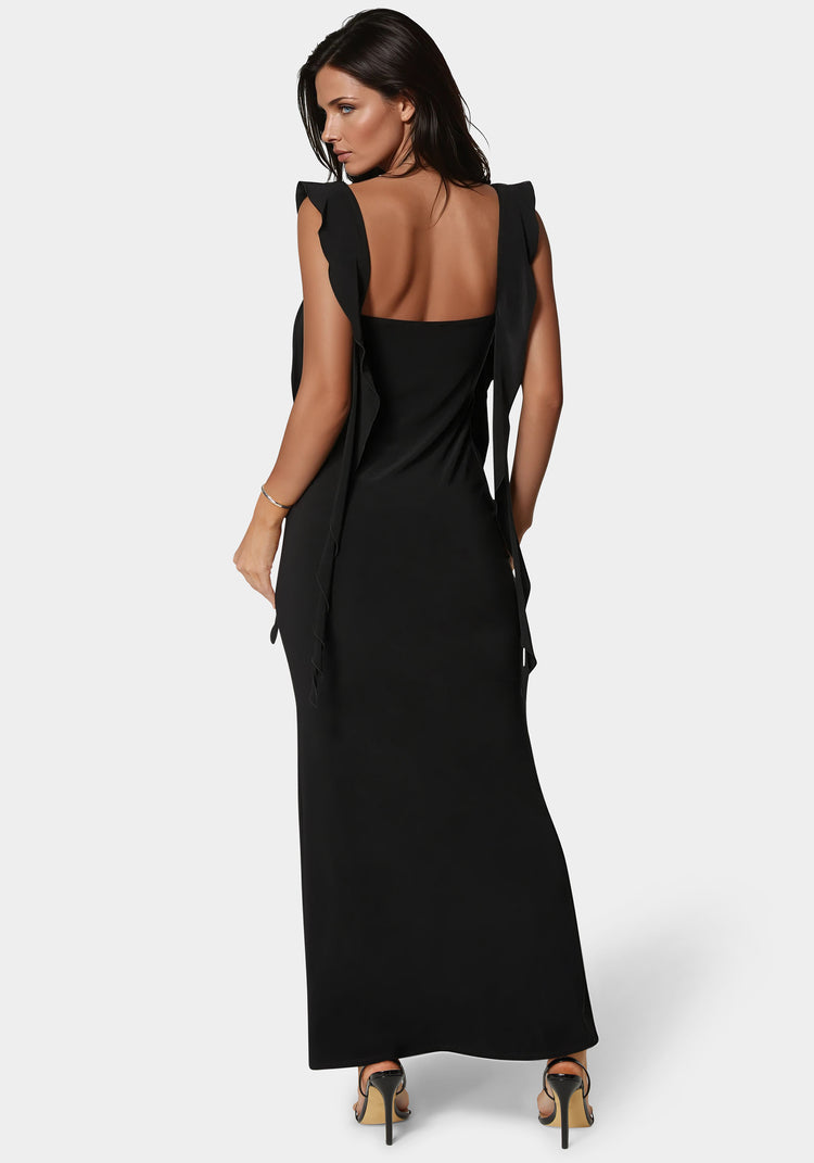 Bebe Cascade Ruffle Knit Slip Maxi Dress
