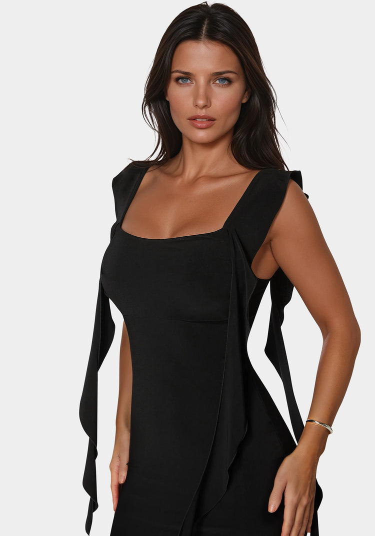 Bebe Cascade Ruffle Knit Slip Maxi Dress