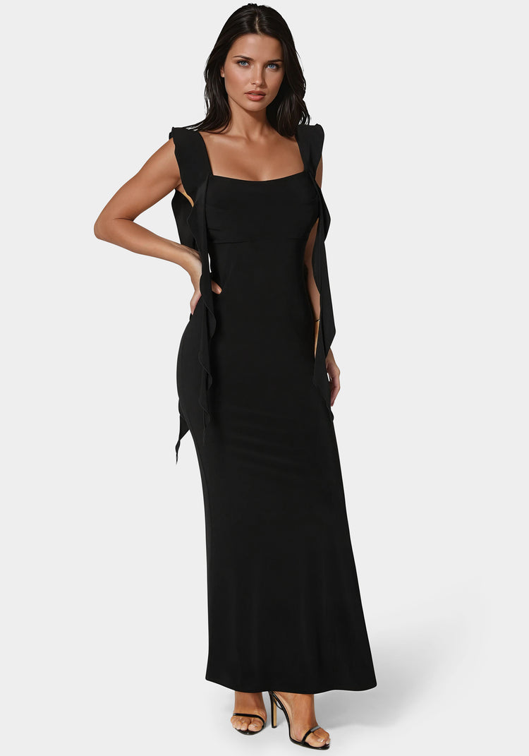 bebe Cascade Ruffle Knit Slip Maxi Dress