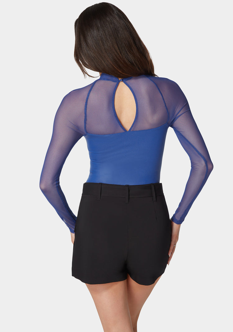 Bebe Coated Knit Combo Mesh Halter Neck Bodysuit