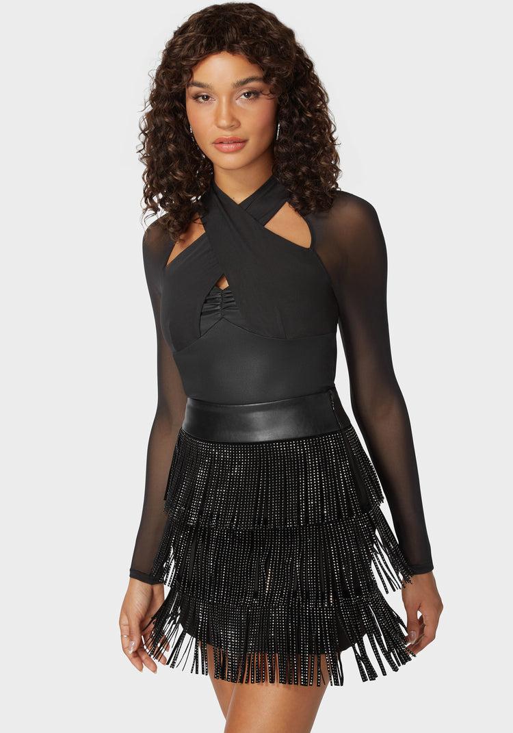 Bebe Coated Knit Combo Mesh Halter Neck Bodysuit