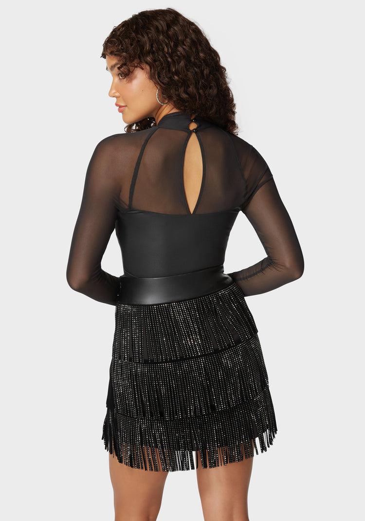 Bebe Coated Knit Combo Mesh Halter Neck Bodysuit