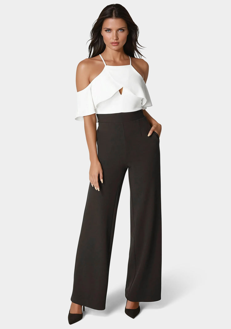 bebe Cold Shoulder Palazzo Leg Jumpsuit