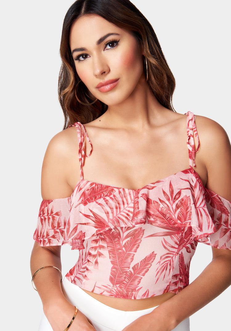 Bebe Cold Shoulder Spaghetti Strap Ties Ruffle Top