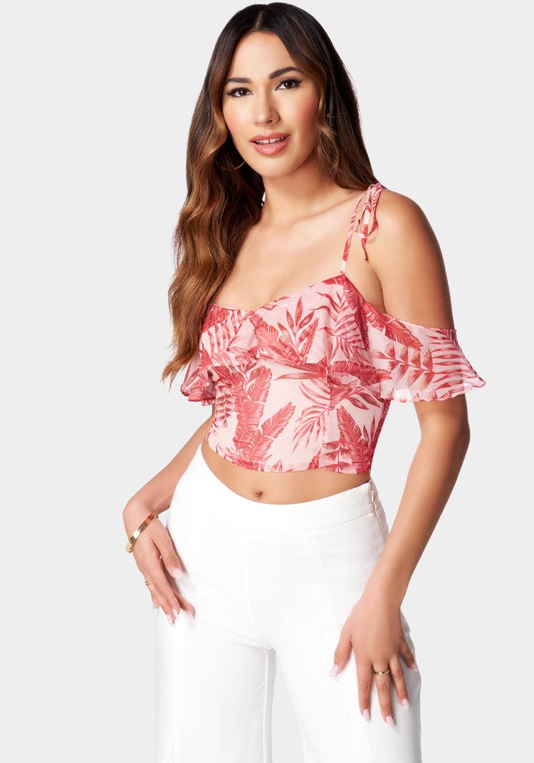 bebe Cold Shoulder Spaghetti Strap Ties Ruffle Top