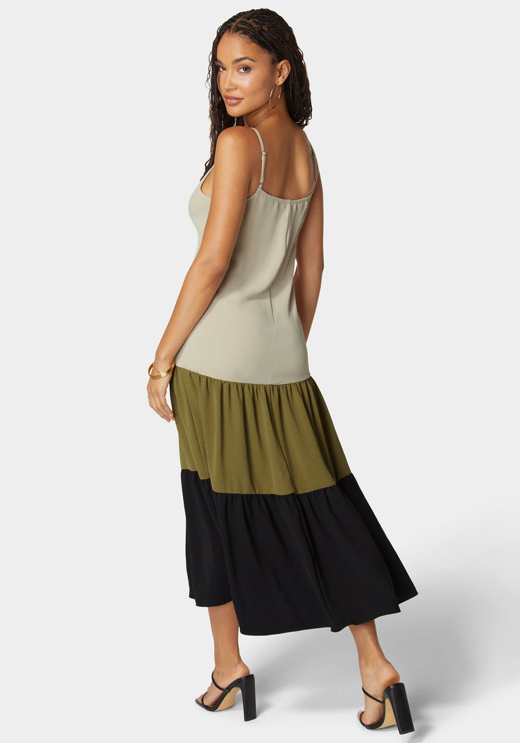 Bebe Color Block Tiered Maxi Dress