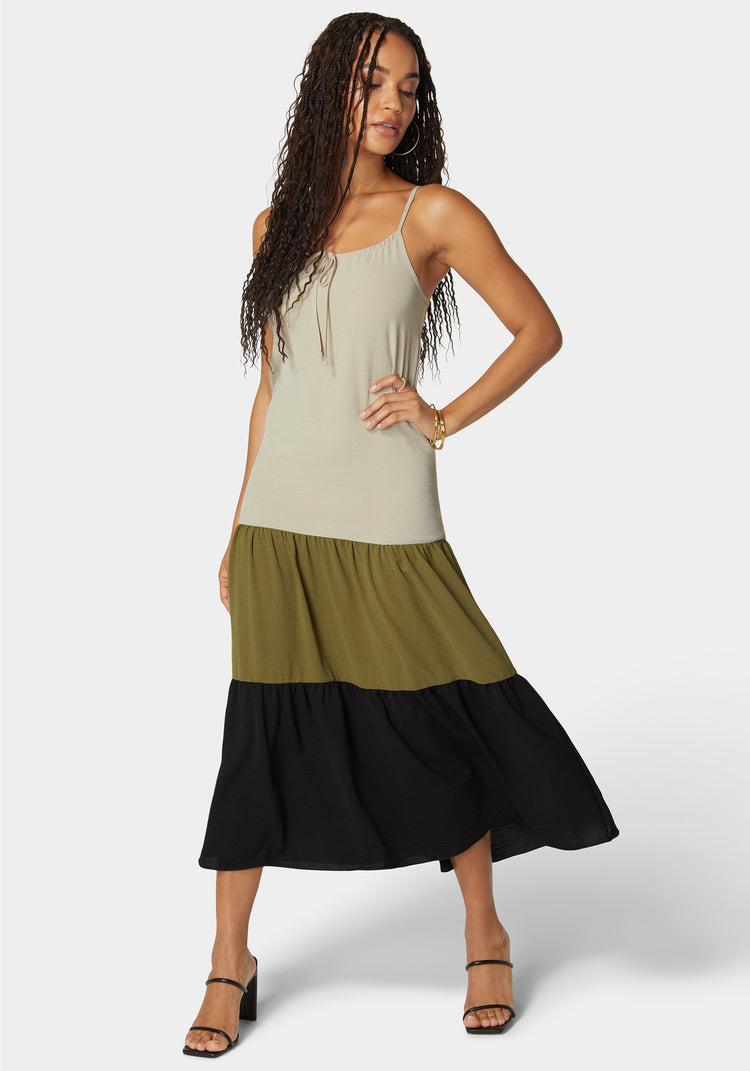 bebe Color Block Tiered Maxi Dress